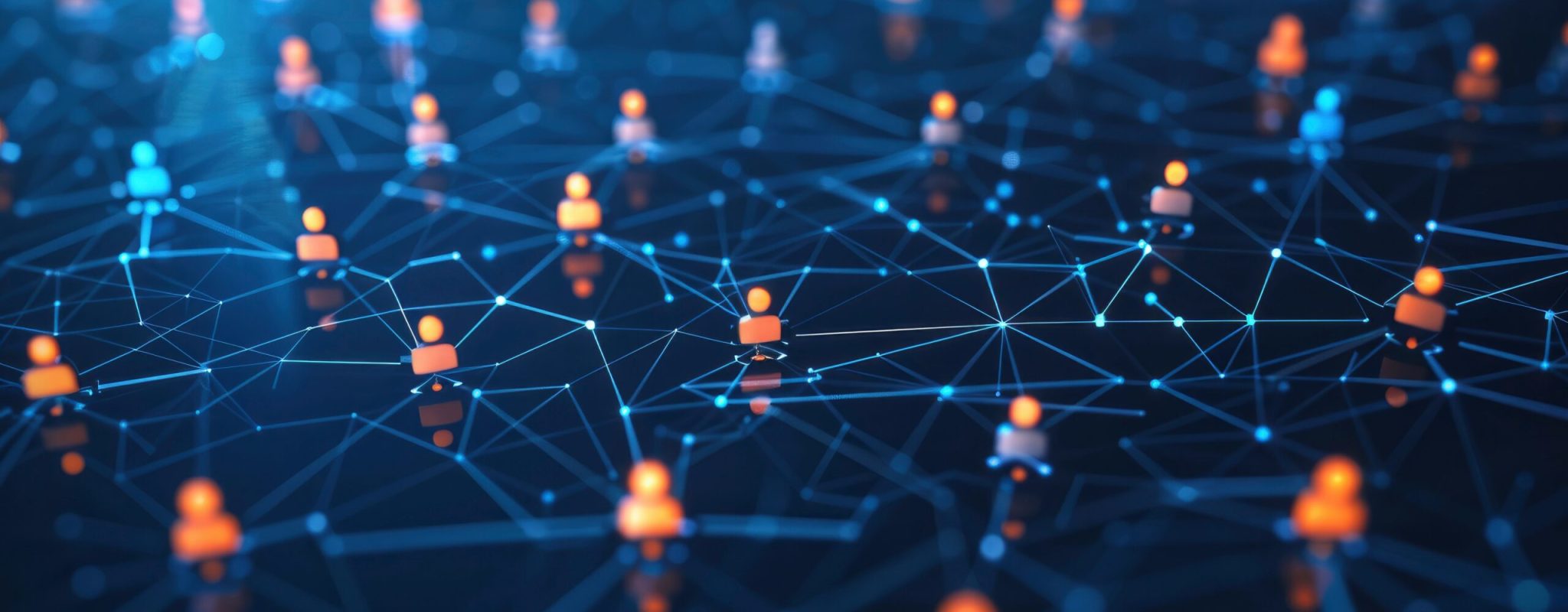 An abstract digital network of people interacting, representing a personal and professional social media platform.